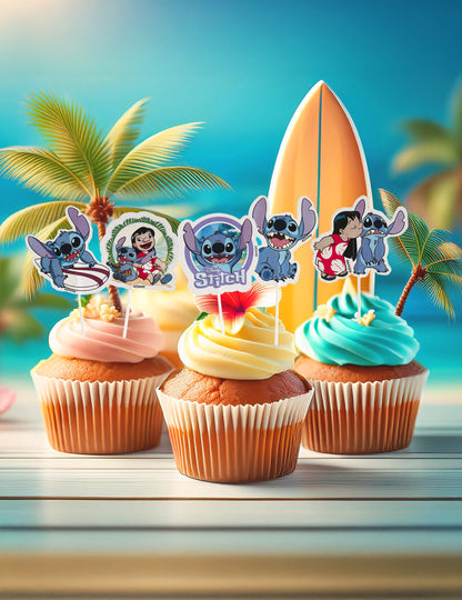Mise en situation sur des cupcakes des 16 cake toppers en papier Stitch