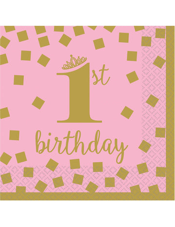 16 malih ružičasto-zlatnih papirnatih salveta za prvi rođendan, 25 x 25 cm cm za prvu godišnjicu