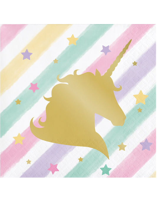 Serviettes en papier licorne pour enfant multicolores pastel avec silhouette dorée