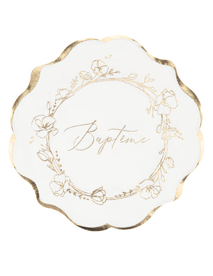 Serviettes en papier baptême blanches fleurs dorées