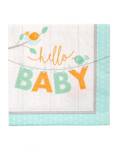 16 plavih papirnatih salveta za baby shower s natpisom Hello Baby Bird