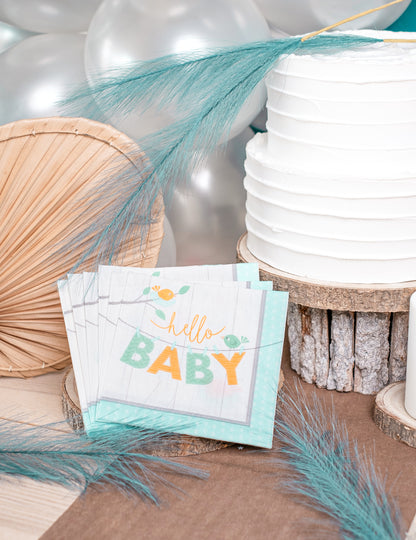 16 plavih papirnatih salveta za baby shower s natpisom Hello Baby Bird