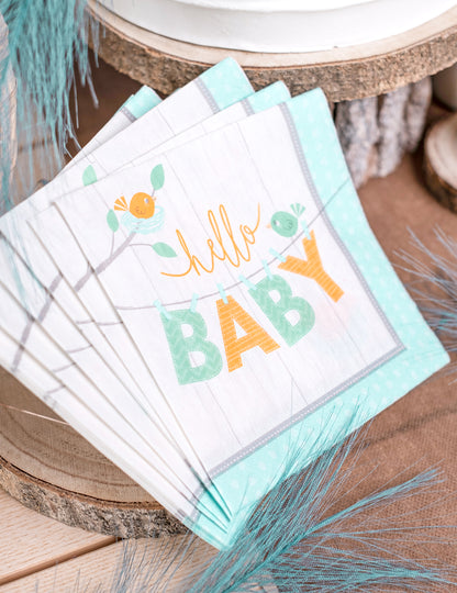 16 plavih papirnatih salveta za baby shower s natpisom Hello Baby Bird