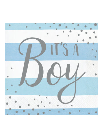 16 plavo-bijelih papirnatih salveta "It's a Boy" sa srebrnim točkicama, 33 x 33 cm cm pruge za baby shower