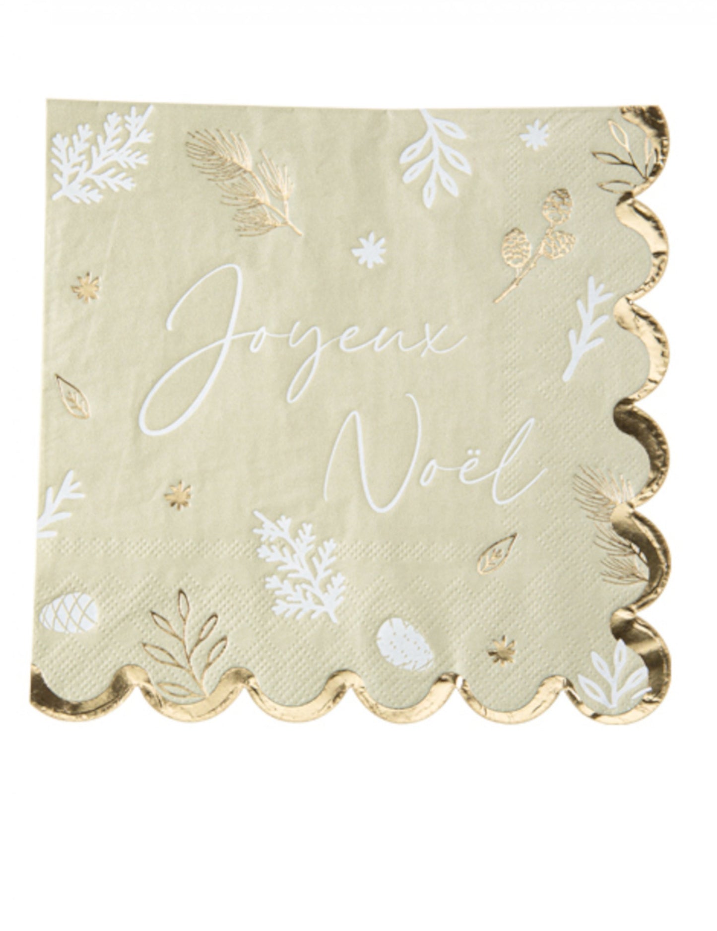 Serviettes en papier Noël botanique pour table vert de gris avec inscription Joyeux Noël et bords dorés