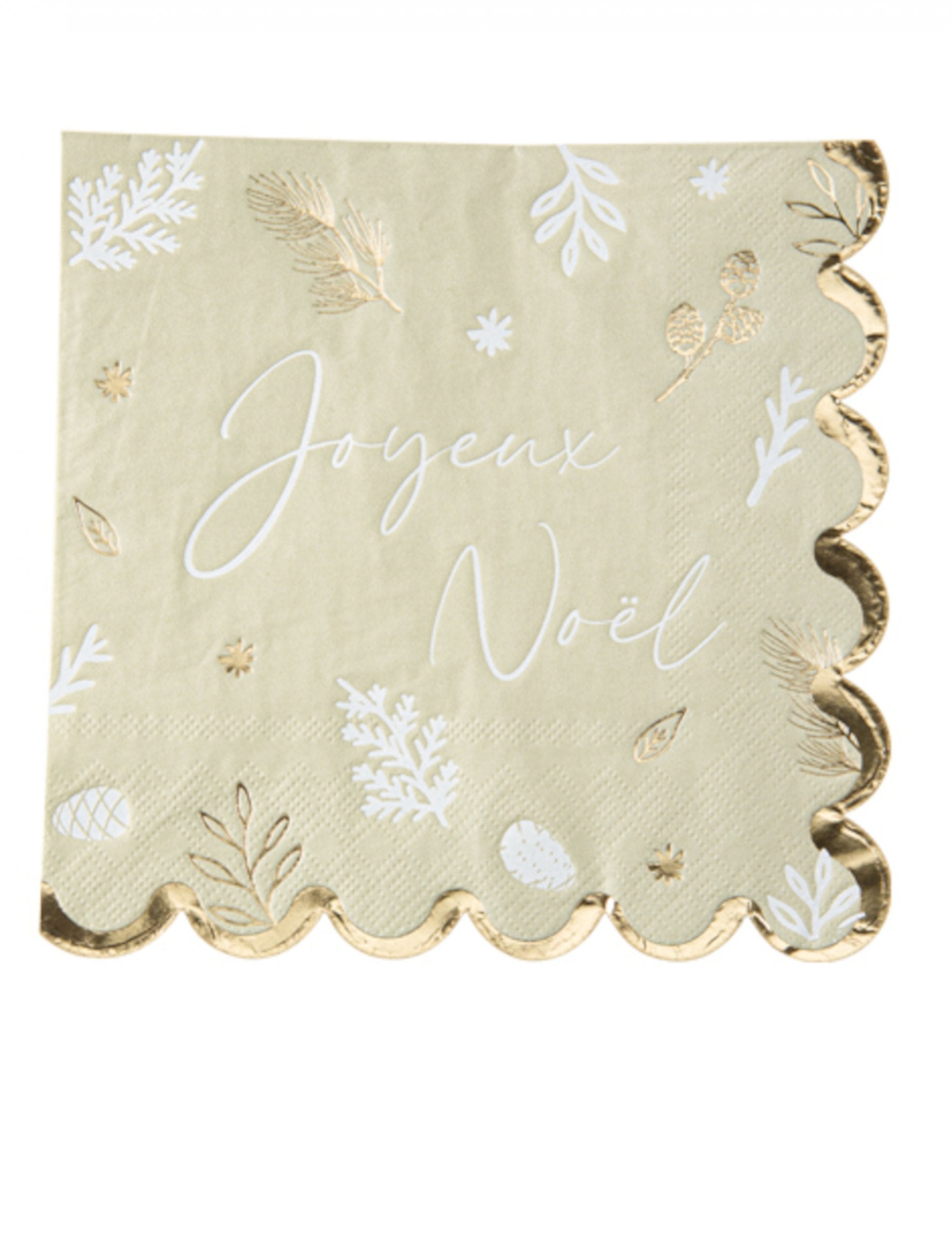 Serviettes en papier Noël botanique pour table vert de gris avec inscription Joyeux Noël et bords dorés