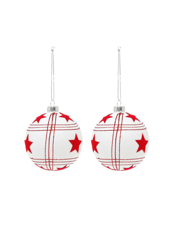 2 bijele staklene kuglice s crvenim zvjezdicama 8 cm 