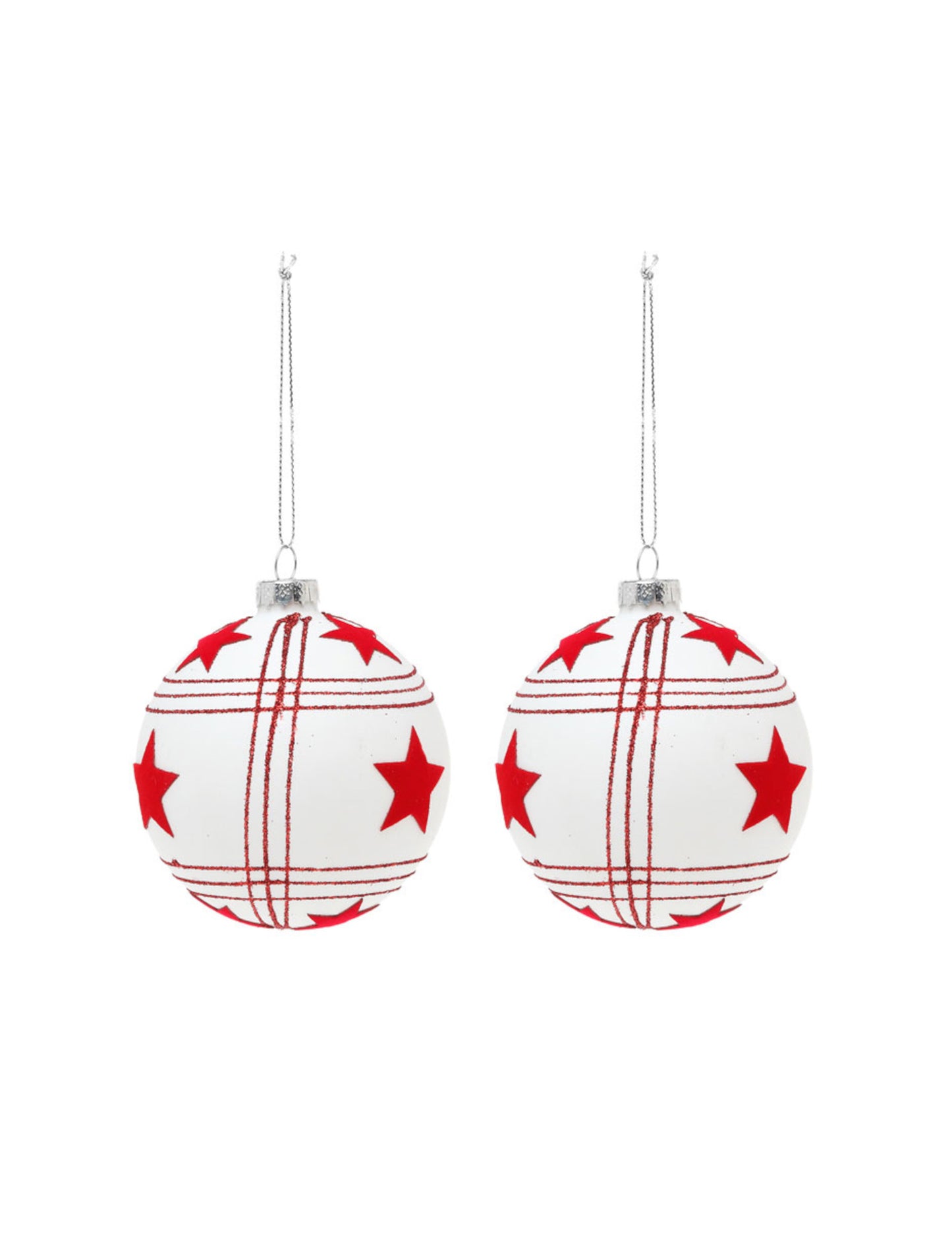 2 bijele staklene kuglice s crvenim zvijezdama 8 cm za jelku