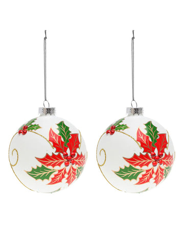 2 bijele staklene kuglice s božikovinom 8 cm za jelku