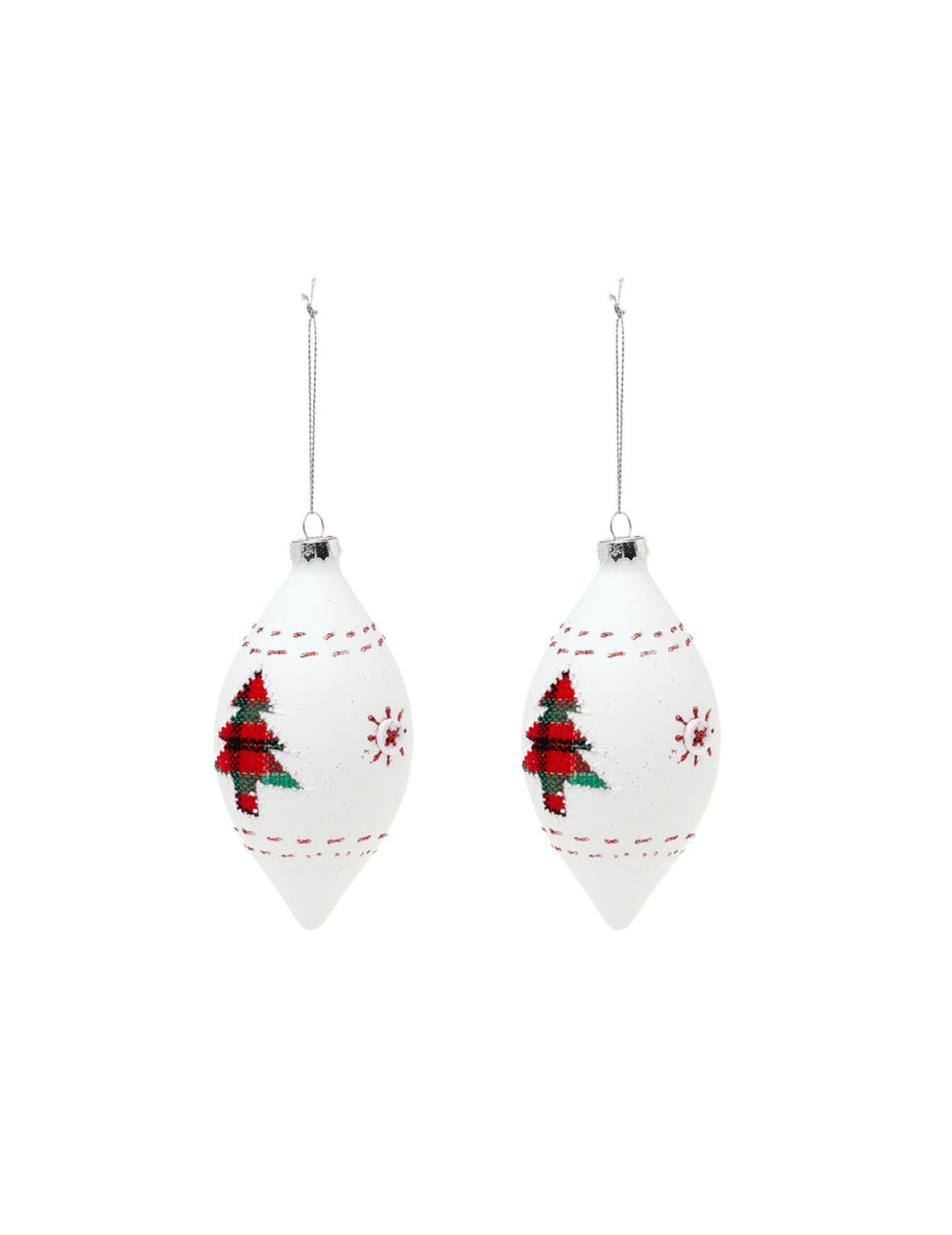 2 boules en verre goutte décor traditionnel blanches avec sapins rouges et verts