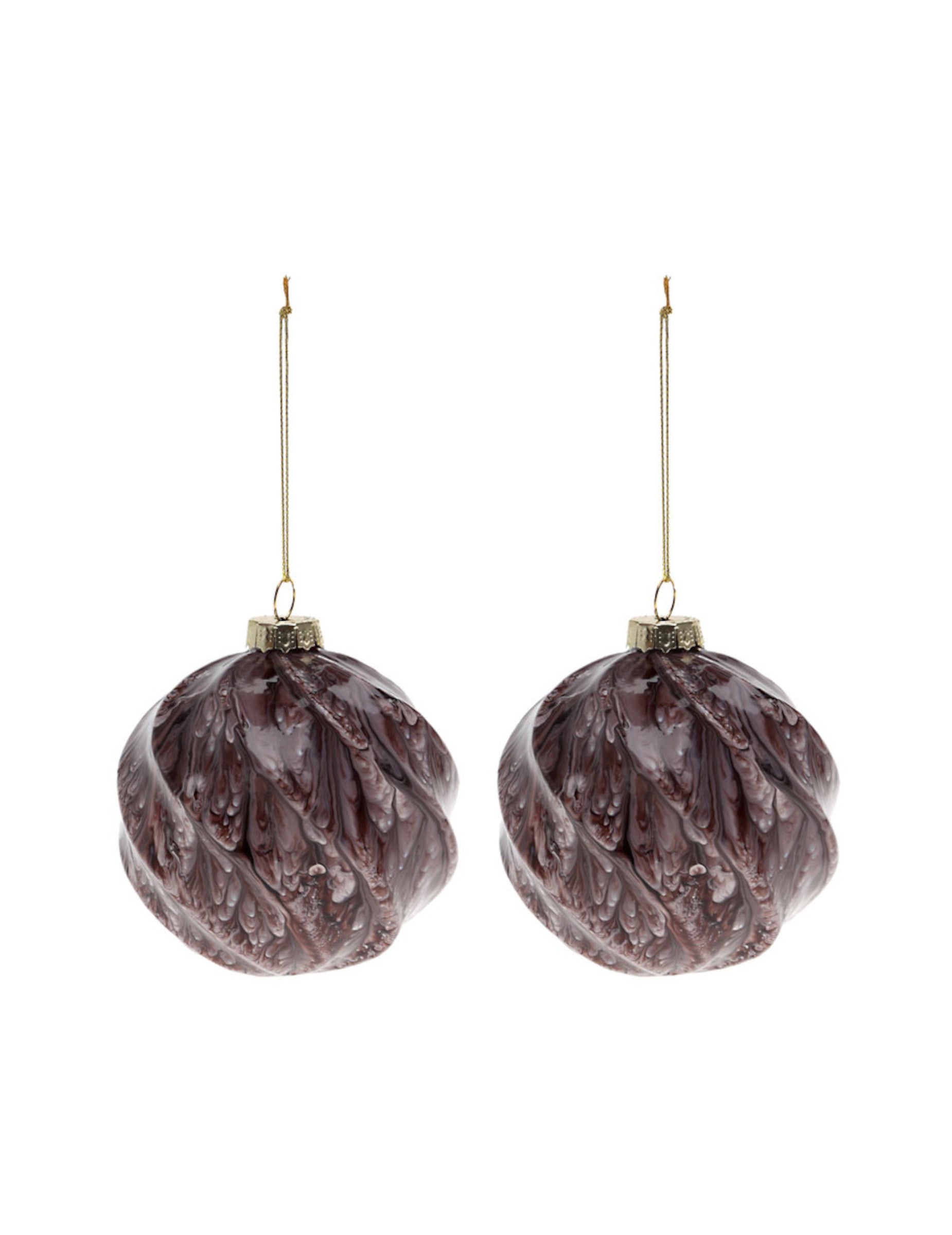 Lot de 2 boules en verre marbrées pour sapin de Noël marron effet écorce