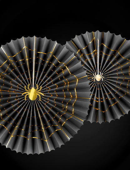 2 ukrasne crno-zlatne papirnate rozete u obliku pauka, veličine 32 i 40 cm za Noć vještica