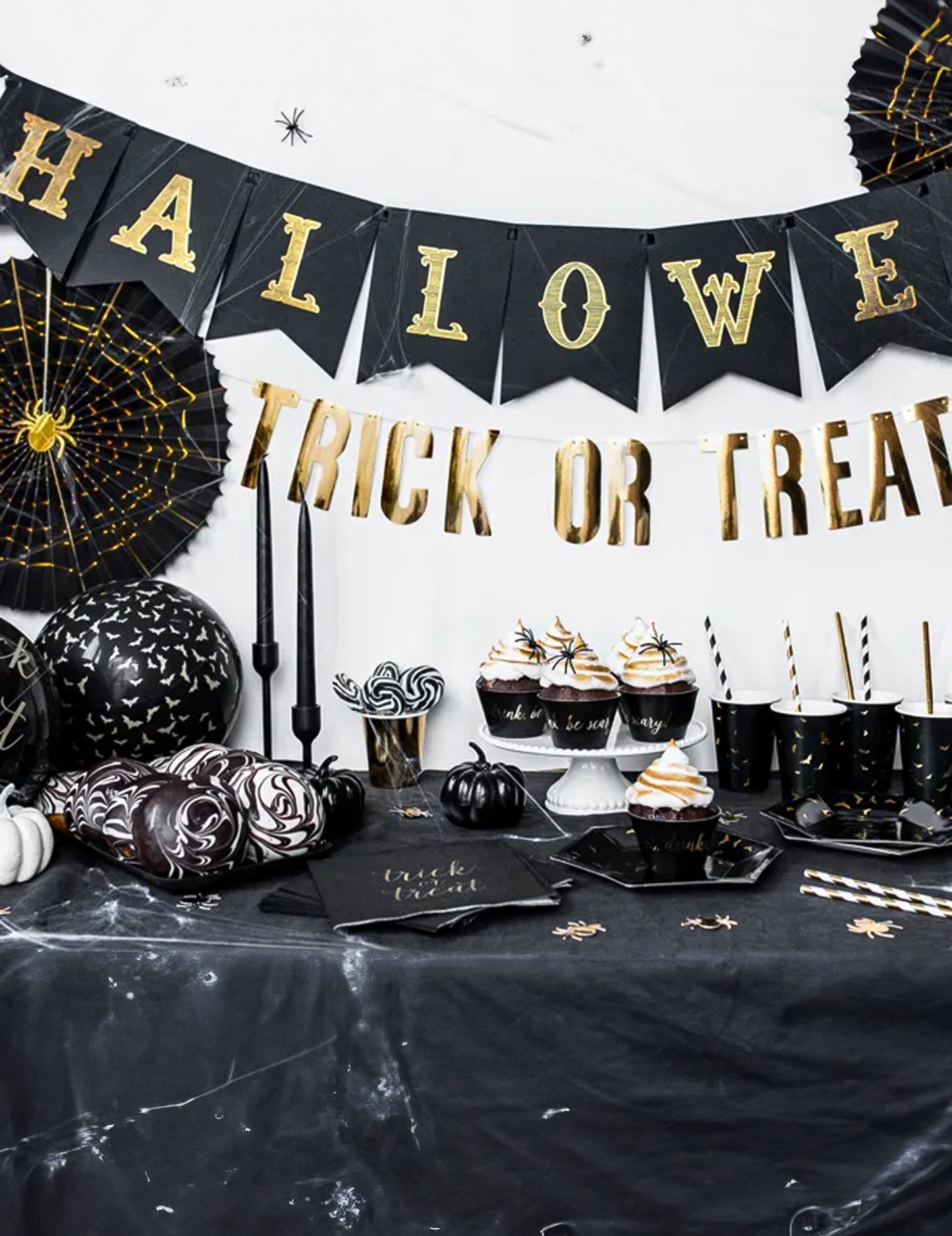 2 ukrasne crno-zlatne papirnate rozete u obliku pauka, veličine 32 i 40 cm za Noć vještica