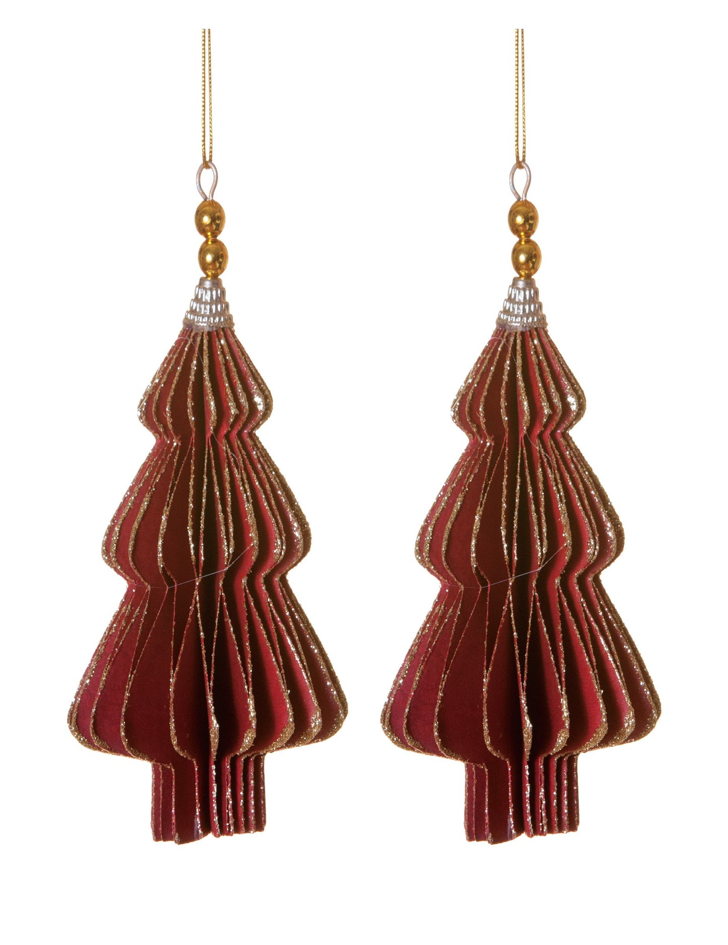 2 viseća ukrasa za crvenu jelku u tehnici origami 13 cm sa zlatnim rubovima