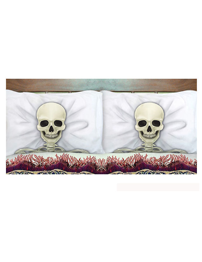 Taies d'oreiller squelette Halloween blanches avec motif crâne