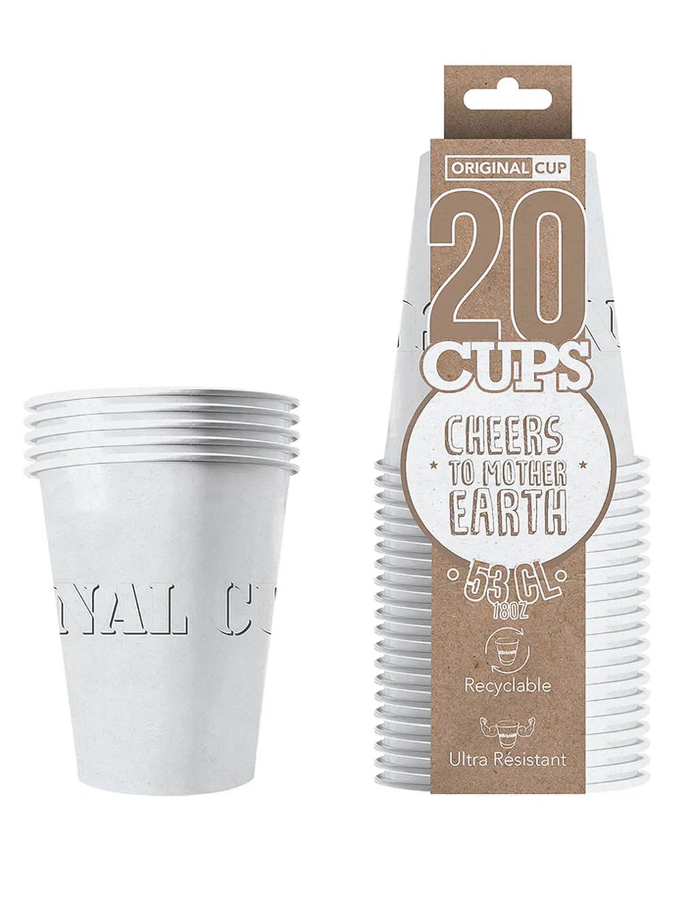 Vue de l'emballage des gobelets américains carton recyclable blanc 53 cl