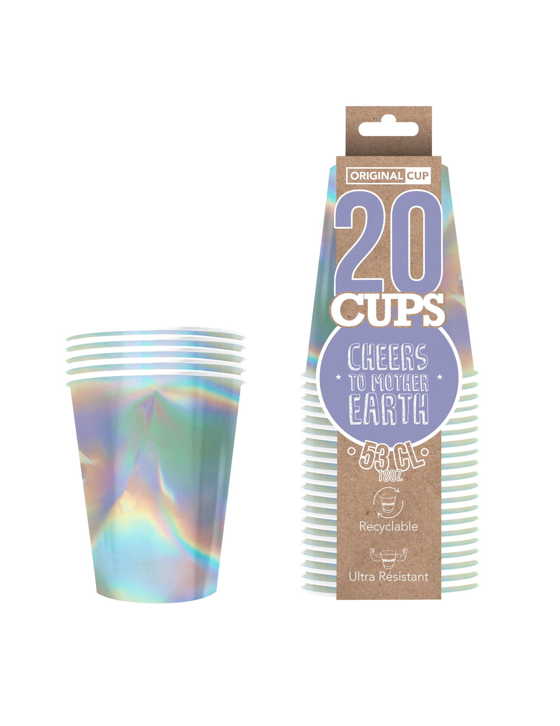 Vue avec emballage des gobelets américains en carton recyclable rainbow iridescent
