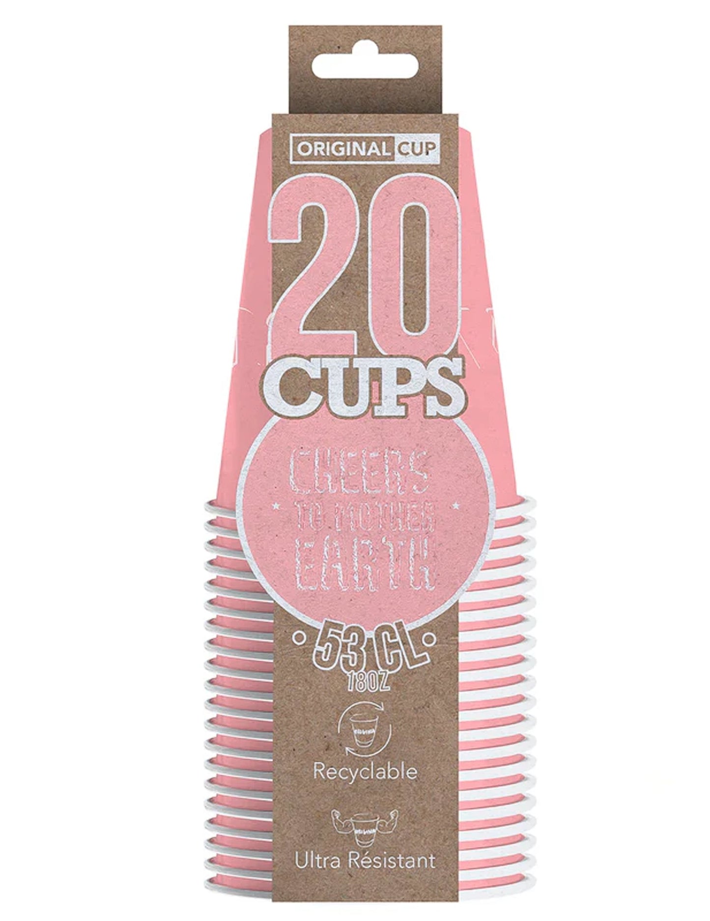 Vue de face de l'emballage des gobelets américains rose pastel en carton recyclable