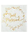 Serviettes en papier Just Married pour mariage blanches et dorées métallisées