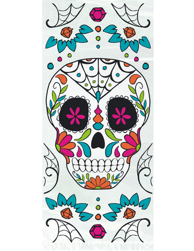 Sachets bonbons en plastique Dia de los muertos pour fête blancs avec motifs tête de mort mexicaine colorée