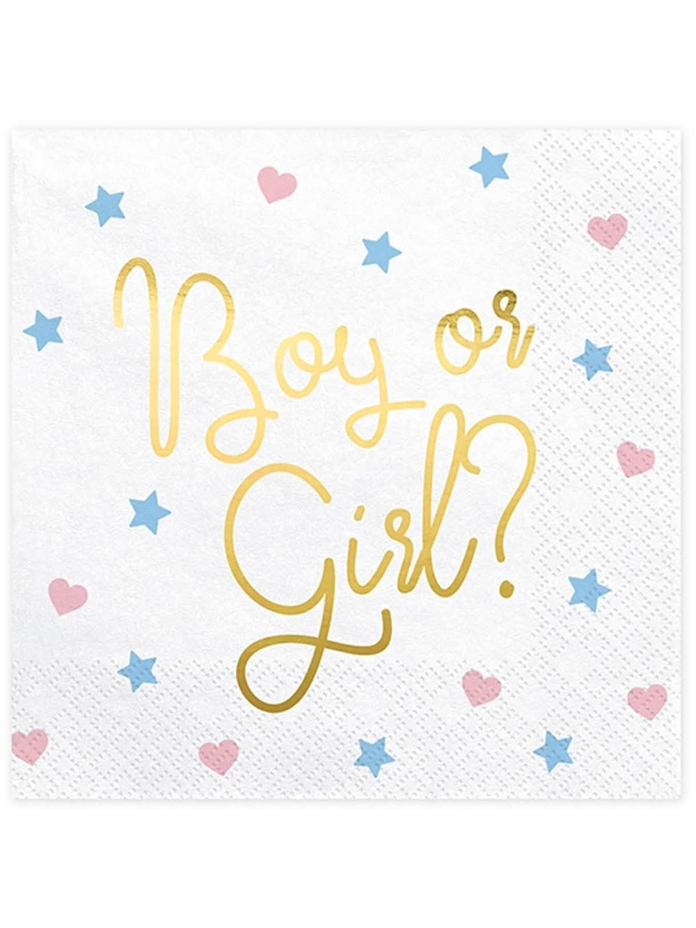 papirnati ubrusi Boy or Girl za baby shower bijele s zlatnim natpisima srcima i zvjezdicama