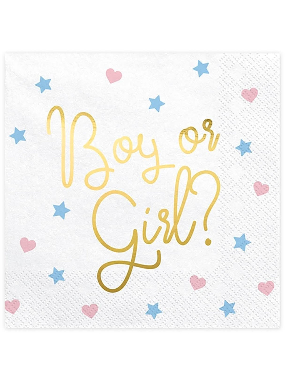 papirnati ubrusi Boy or Girl za baby shower bijele s zlatnim natpisima srcima i zvjezdicama