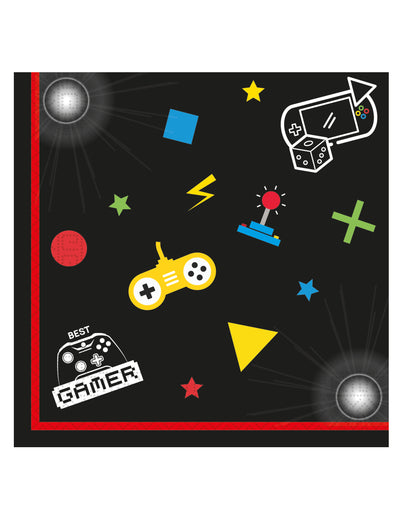 Serviettes en papier Gaming Party pour anniversaire noir avec motifs de manettes de jeux vidéo
