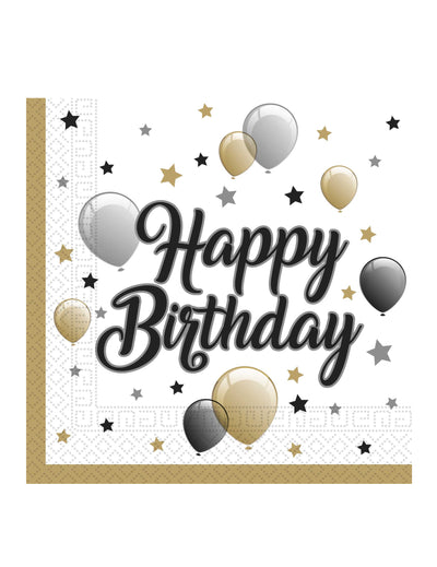 Serviettes en papier Happy Birthday pour anniversaire doré noir argent