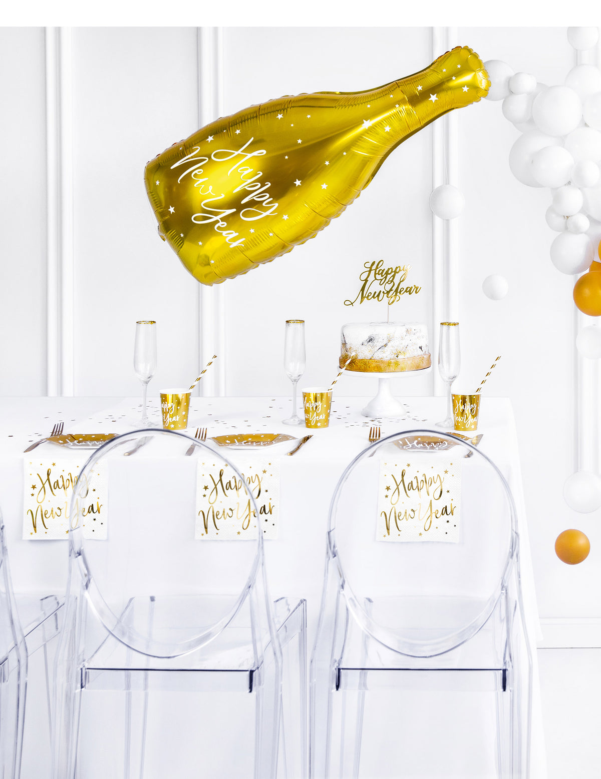 Serviettes en papier Happy New Year pour fête blanches et dorées à étoiles