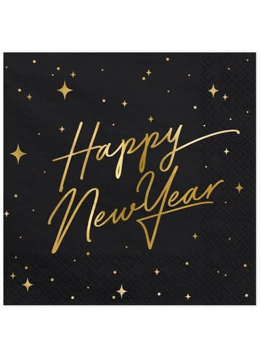 papirnati ubrusi Happy New Year crni i zlatni s dekorom zvijezda