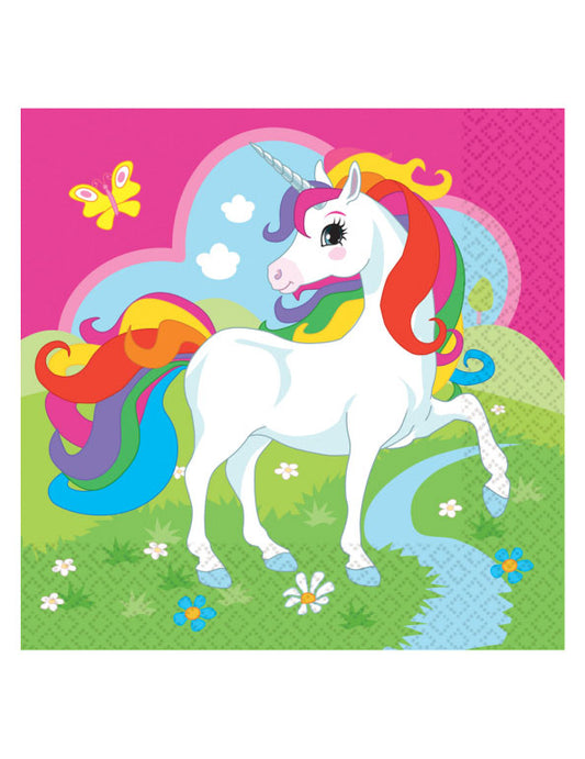 Serviettes en papier Licorne multicolore avec motif de licorne blanche et arc-en-ciel