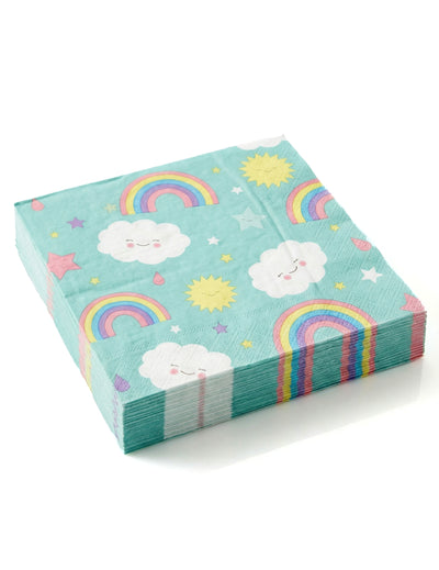 Serviettes en papier petit nuage arc-en-ciel bleu turquoise avec motifs souriants