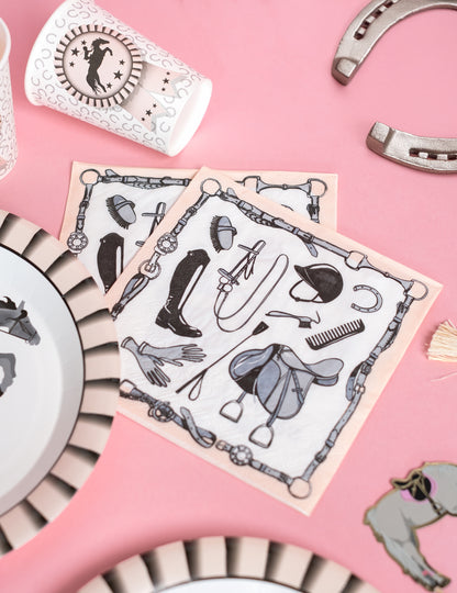 20 serviettes papier équitation 33 x 33 cm rose et gris