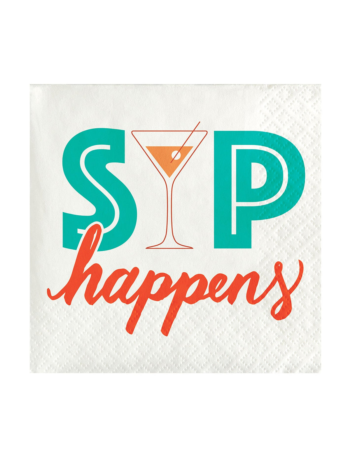 Serviettes en papier Sip Happens Cocktail pour adulte blanches avec texte turquoise et orange