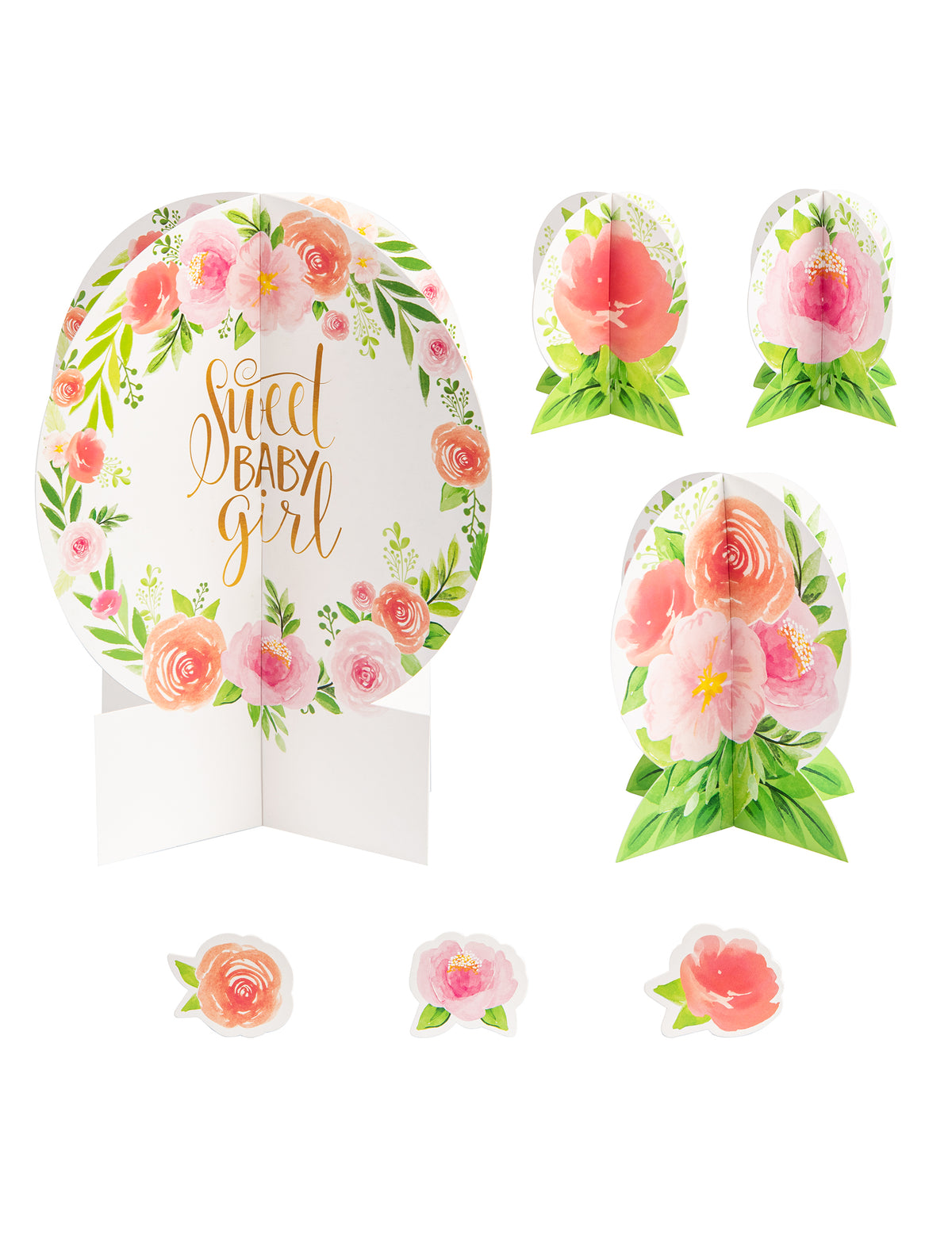 Accessoires de décoration de table sweet baby girl fleurie et vintage pour bébé fille rose et orange pastel