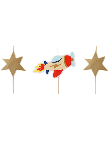 3 rođendanske svijeće s malim avionom i zlatnim zvijezdama