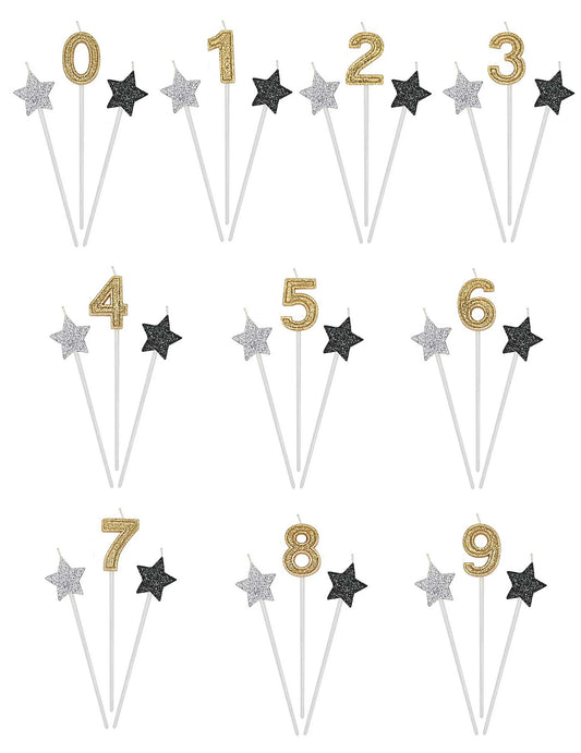 Bougies d'anniversaire chiffre pour gâteau dorées argentées et noires pailletées