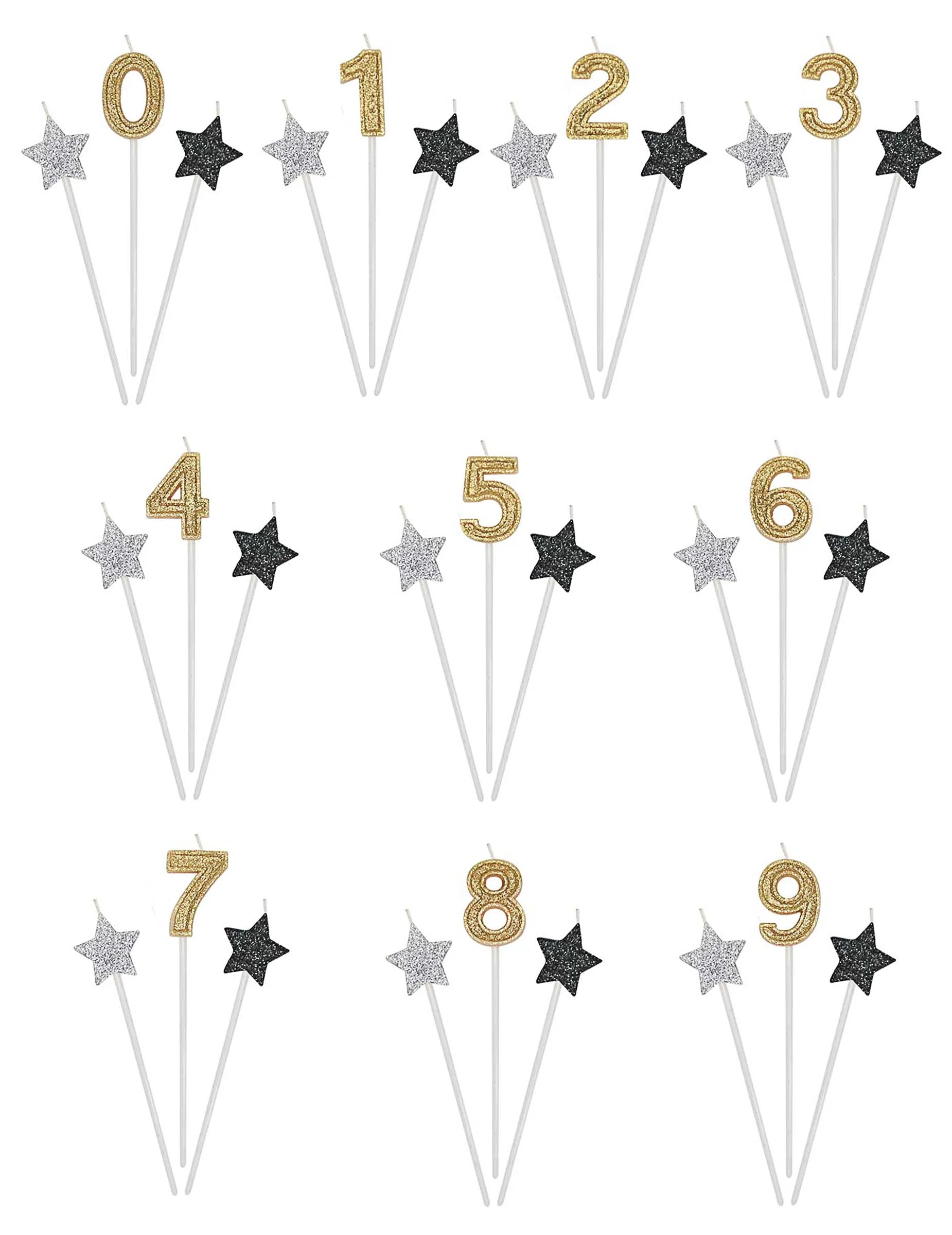 Bougies d'anniversaire chiffre pour gâteau dorées argentées et noires pailletées