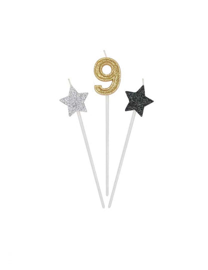 3 rođendanske svijeće Zlatne, srebrne i crne 16 cm