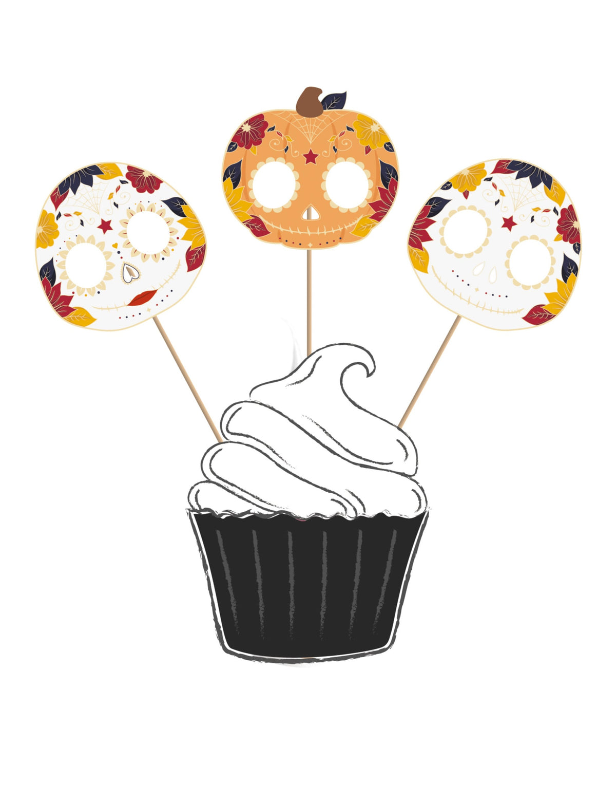 3 cake toppers en bois Dia de los Muertos calaveras et citrouille blanc et orange