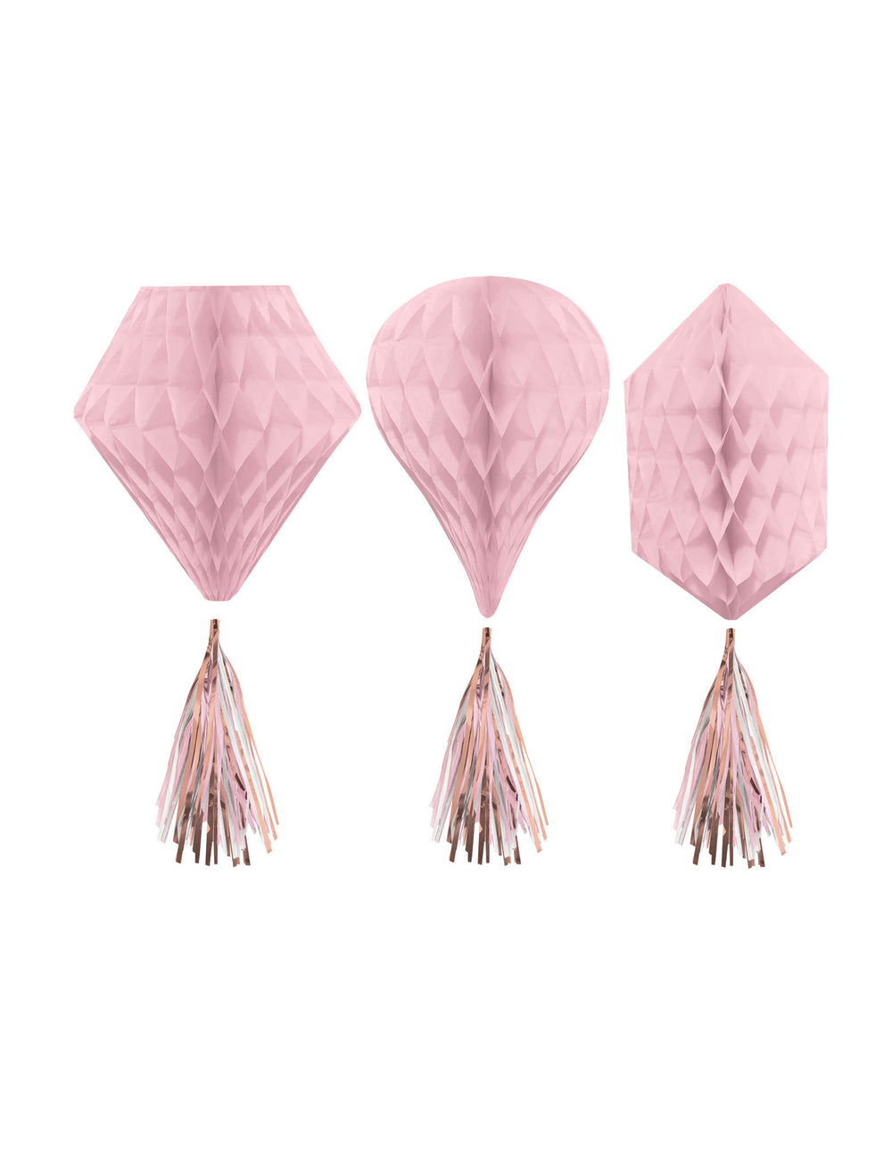 3 décorations à suspendre alvéolées en papier rose gold avec pompons