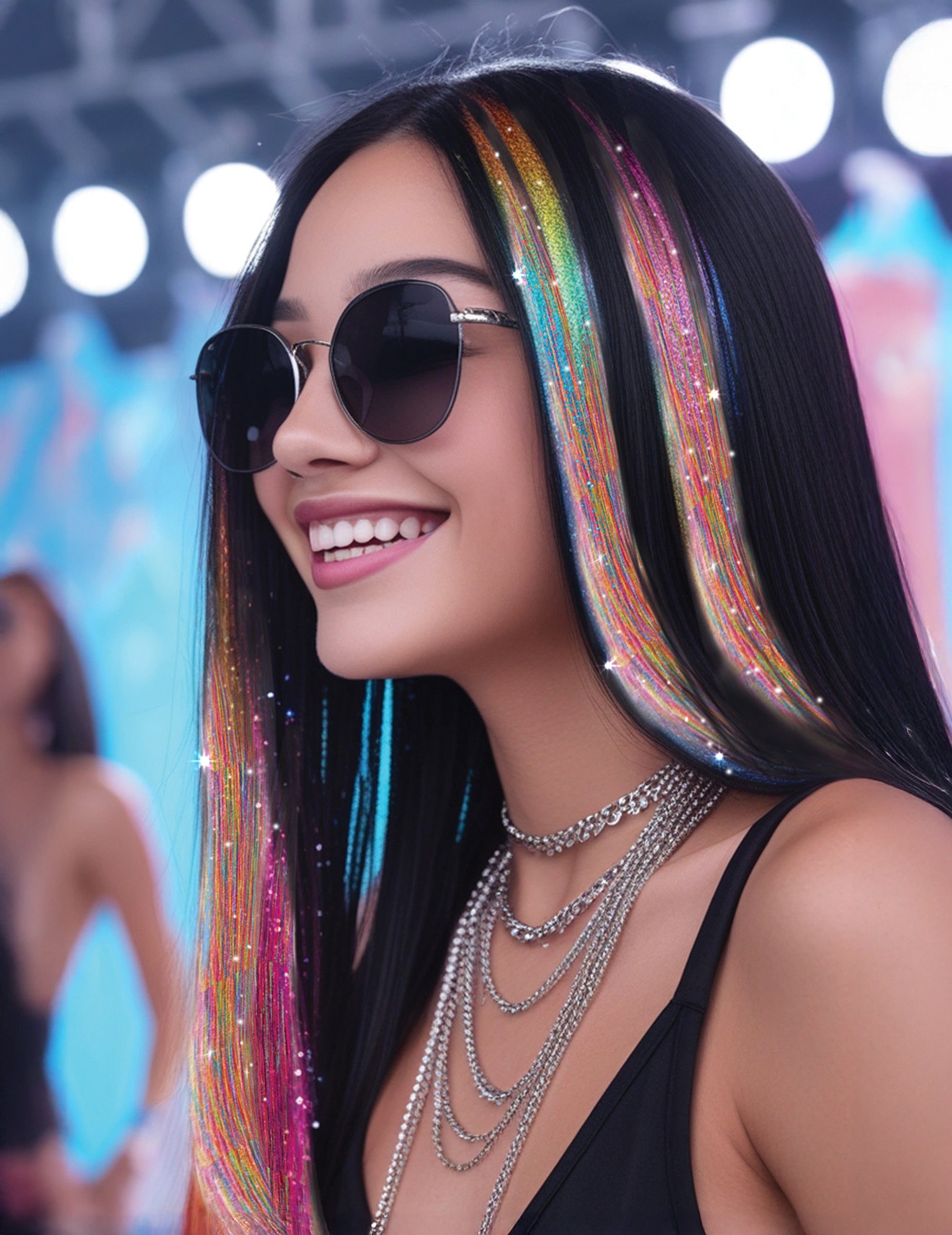 Vue de profil des 3 mèches brillantes multicolores pour femme à paillettes