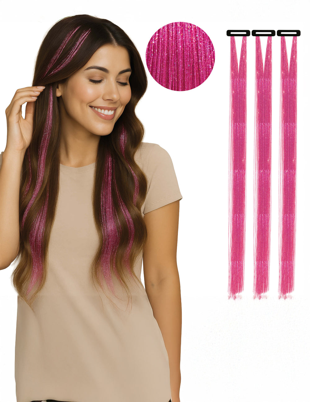 Mèches de cheveux brillantes pour femme roses