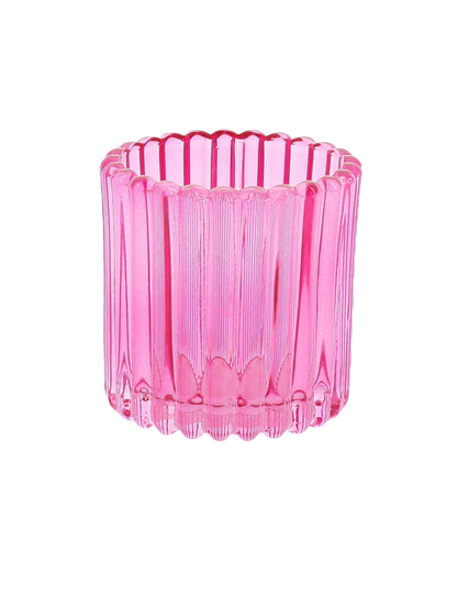 Vue du modèle rose du 3 photophores en verre rose, orange et jaune