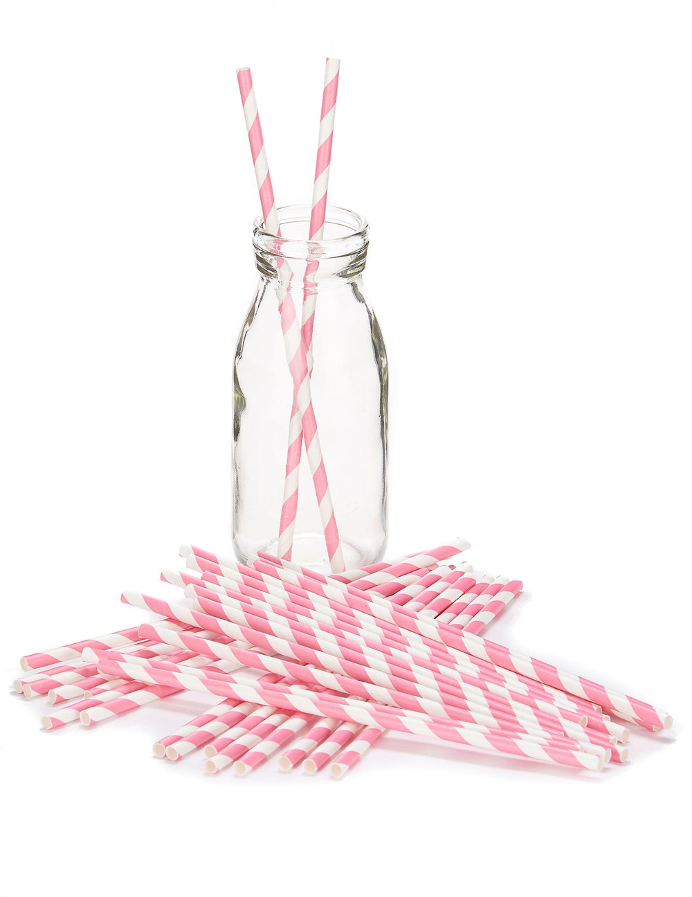 Mise en situation avec bouteille en verre des pailles rétro rayées roses et blanches en carton