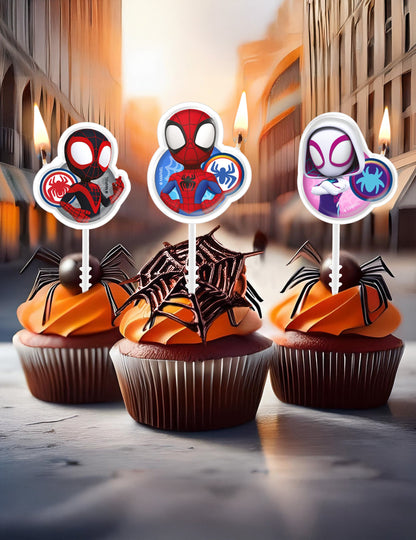 Mise en situation sur des cupcakes des 4 bougies anniversaire Spidey et ses amis