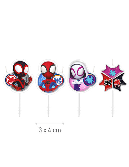 Vue d'ensemble et dimensions des 4 bougies anniversaire Spidey et ses amis