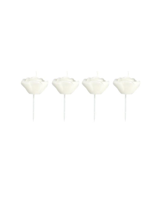 4 bougies en forme de roses sur pic pour décoration blanches