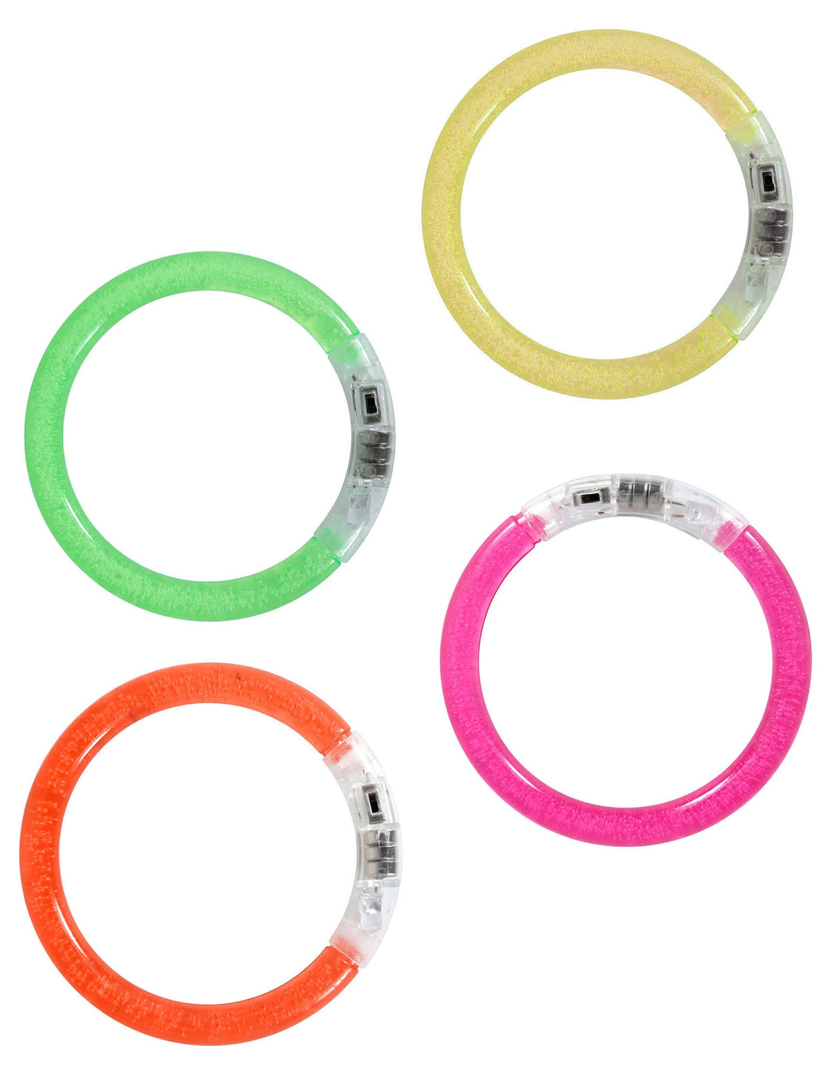 Vue d'ensemble des différents coloris des 4 bracelets lumineux LED pour adulte