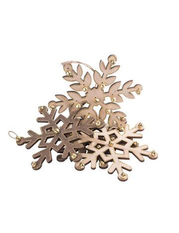 4 drvena pahuljice sa šljokicama i zlatnim zvončićima 18 cm 